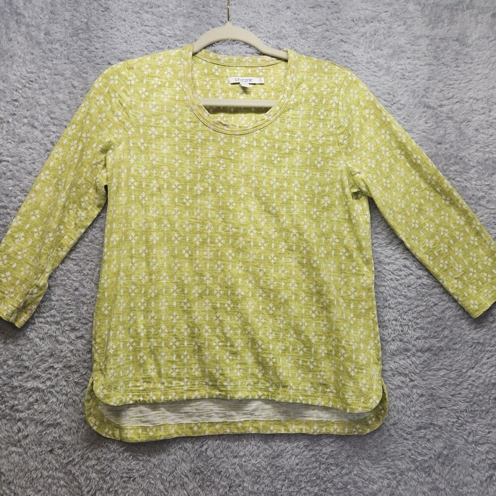 Chicos Lime Green Shirt Womens Size Small 3/4 Sleeve Boxy Colorful Casual